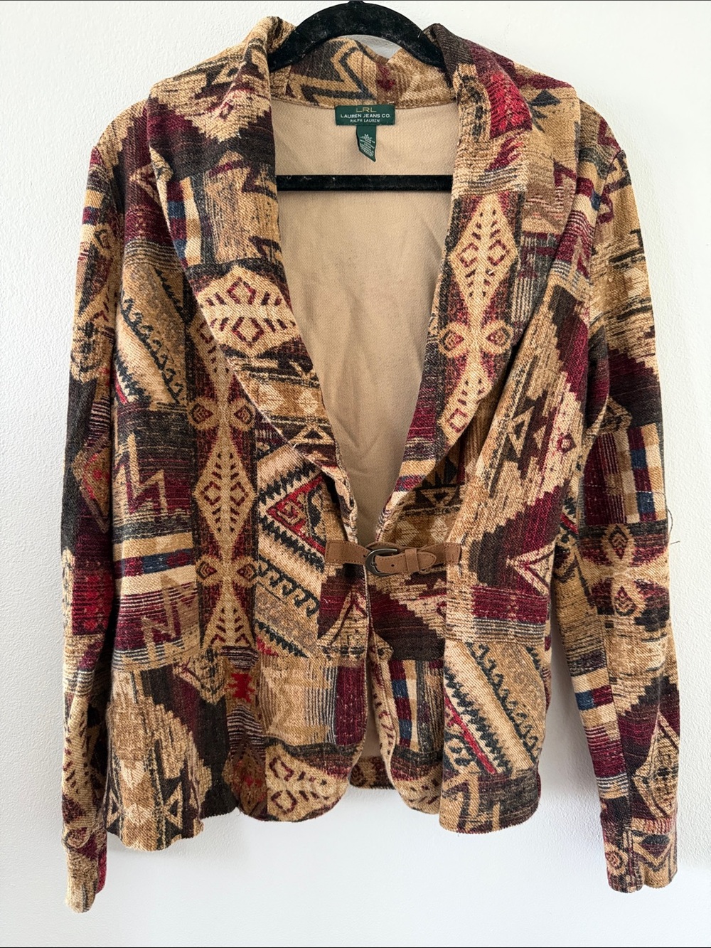 Lauren Ralph Lauren Tan, Burgundy & Navy Geometric Shawl Cardigan